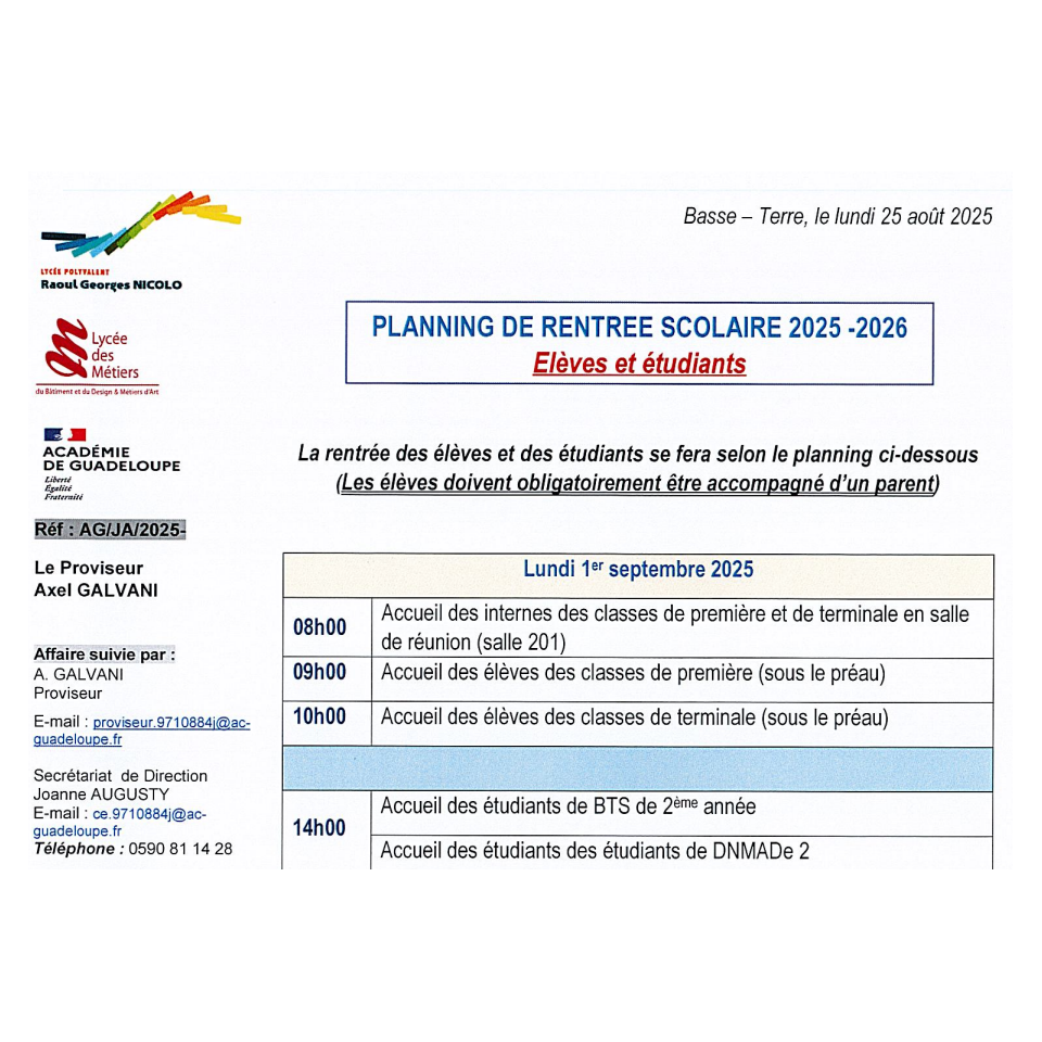 Planning de rentrée scolaire élèves, étudiants et personnel 2025-2026